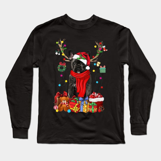 French Bulldog Reindeer Xmas Lights Merry Christmas Long Sleeve T-Shirt by cogemma.art